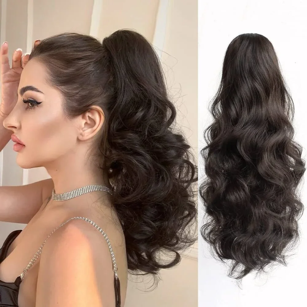 Wavy Ponytail Extension Claw Clip Synthetic Hair for Women 16in Dark Brown